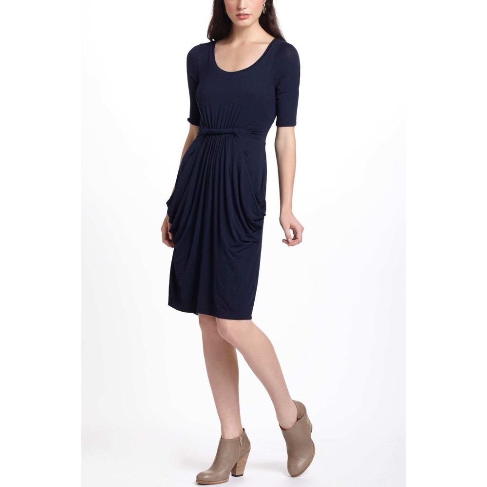 Anthropologie Meadow Rue Chignon Jersey Dress Small Navy Blue Twisted Pockets - Picture 9 of 9